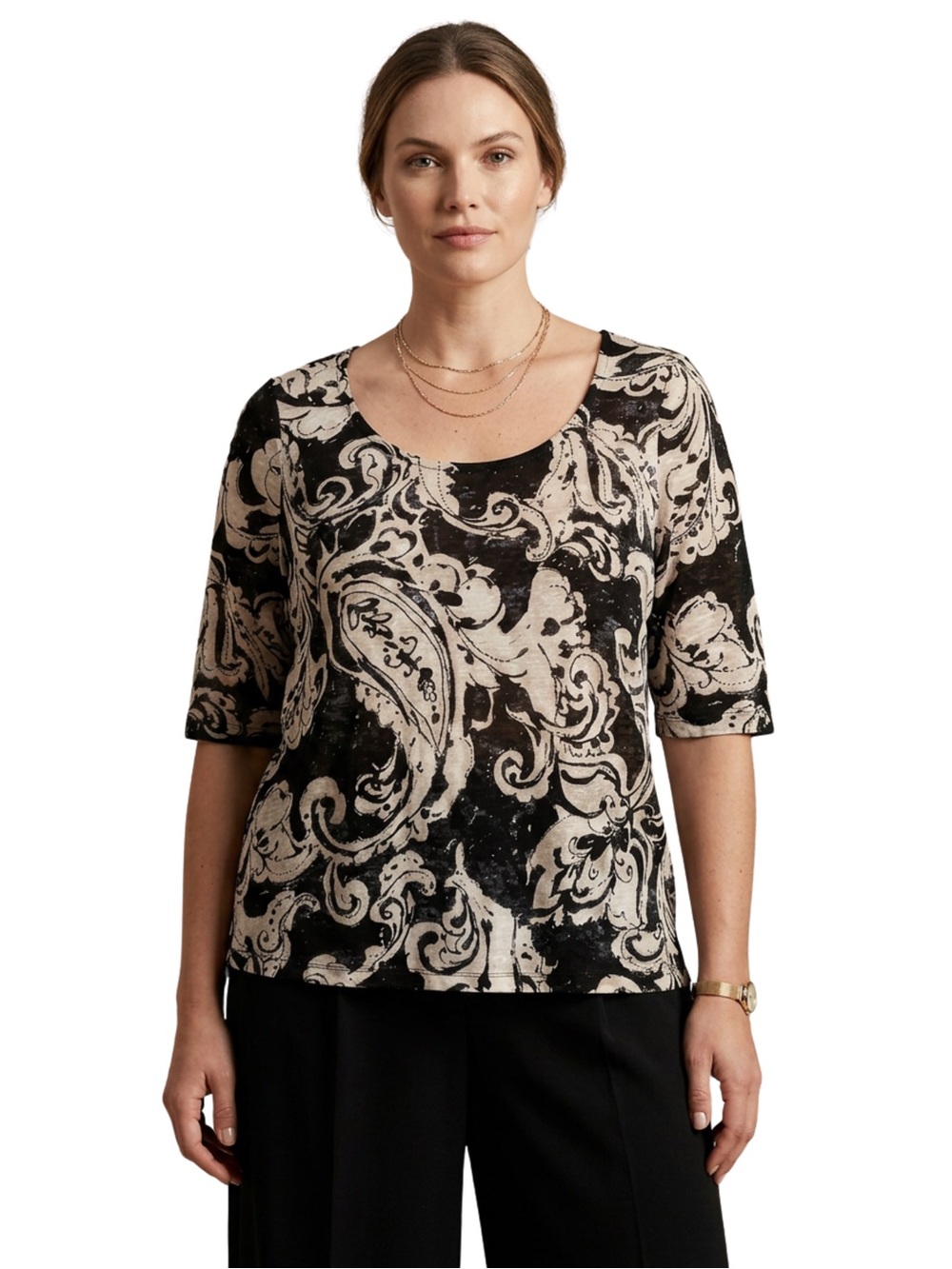 Lauren Ralph Lauren Black and Cream Paisley Short Sleeve Blouse 100% Linen